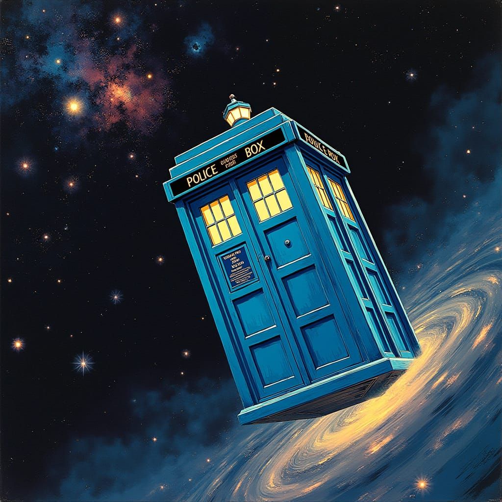 Retro-Futuristic TARDIS Soars Through Cosmic Vortex