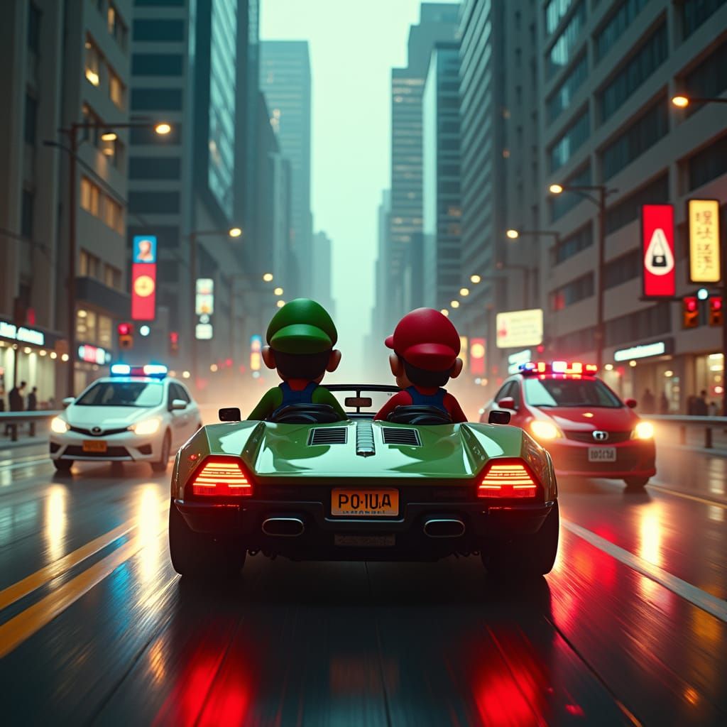 Mario and Luigi's High-Speed Getaway in Cyberpunk City