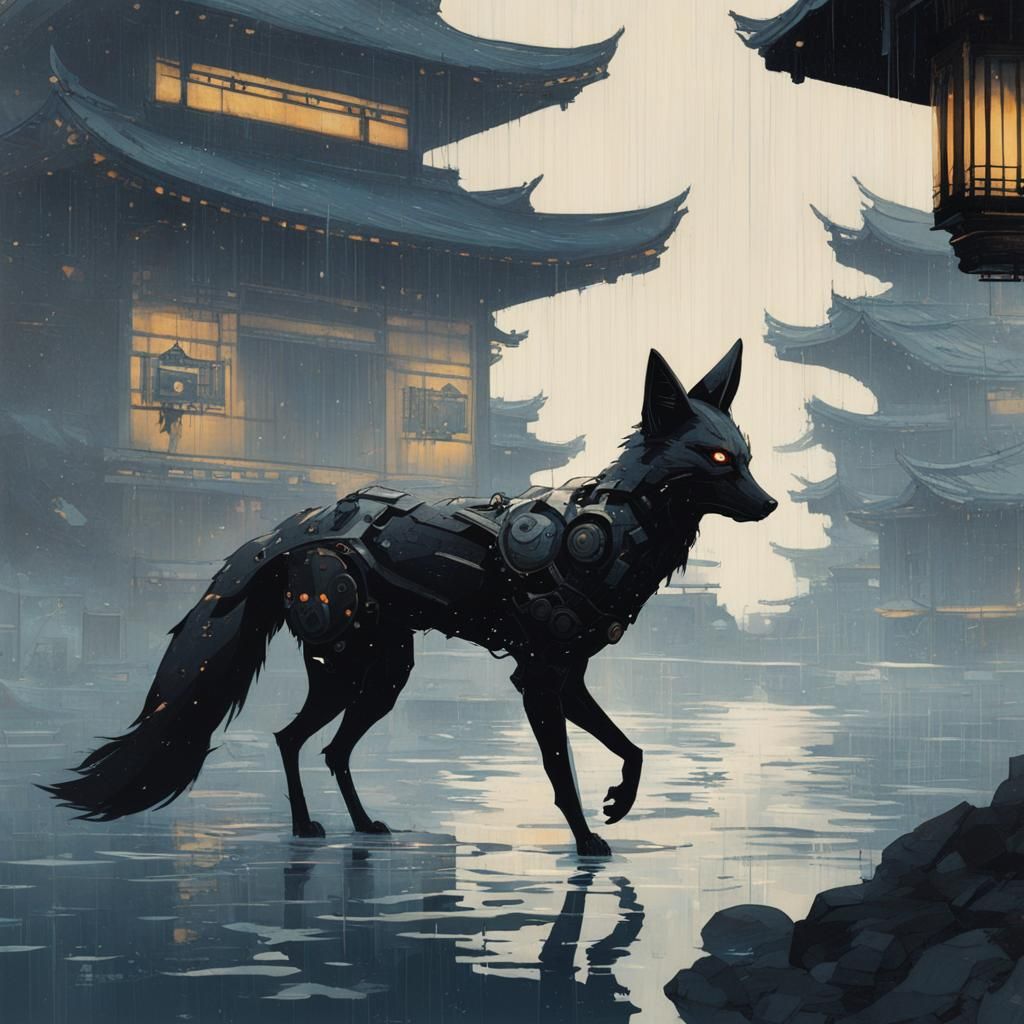 Mechanical Shadow Fox in Ukiyo-e Style