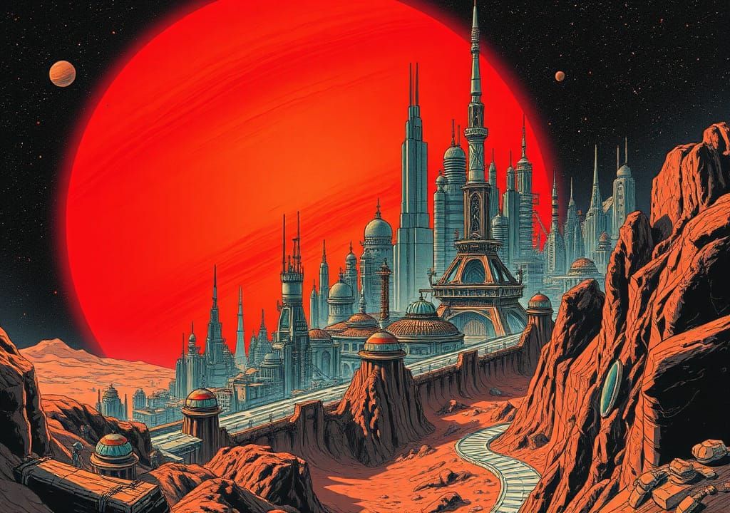 Industrial Jupiter Sky City, Retro Sci-Fi Art