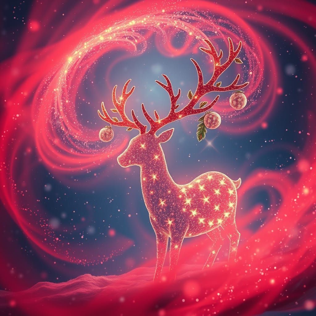 Starlight Reindeer in Crimson Mist and Winter Snow