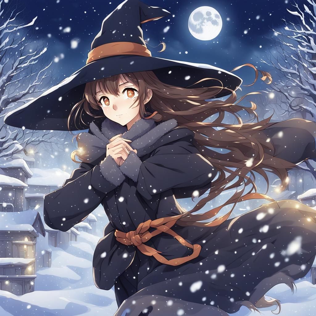 Anime-Style Winter Witch Under Moonlight