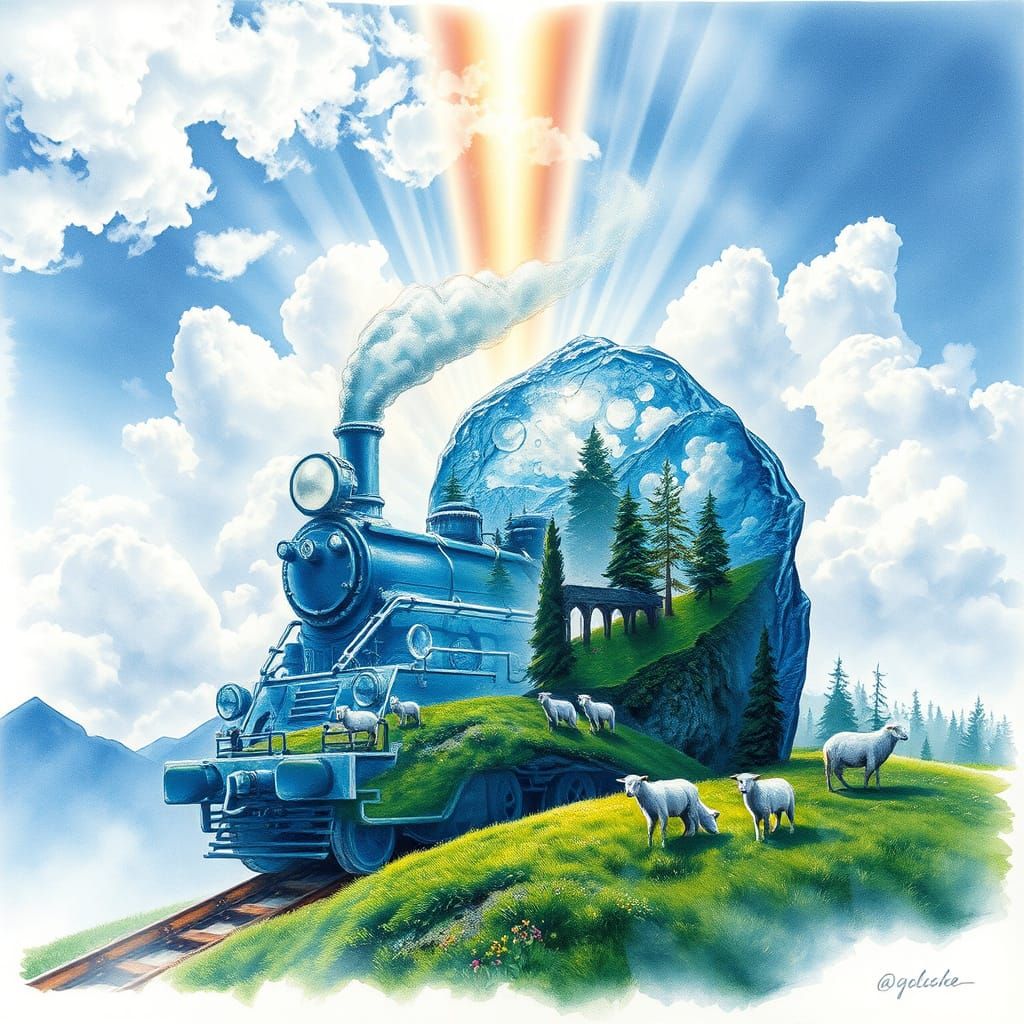 Surrealist Watercolor Scene with Steam Train and Lush Landsc...