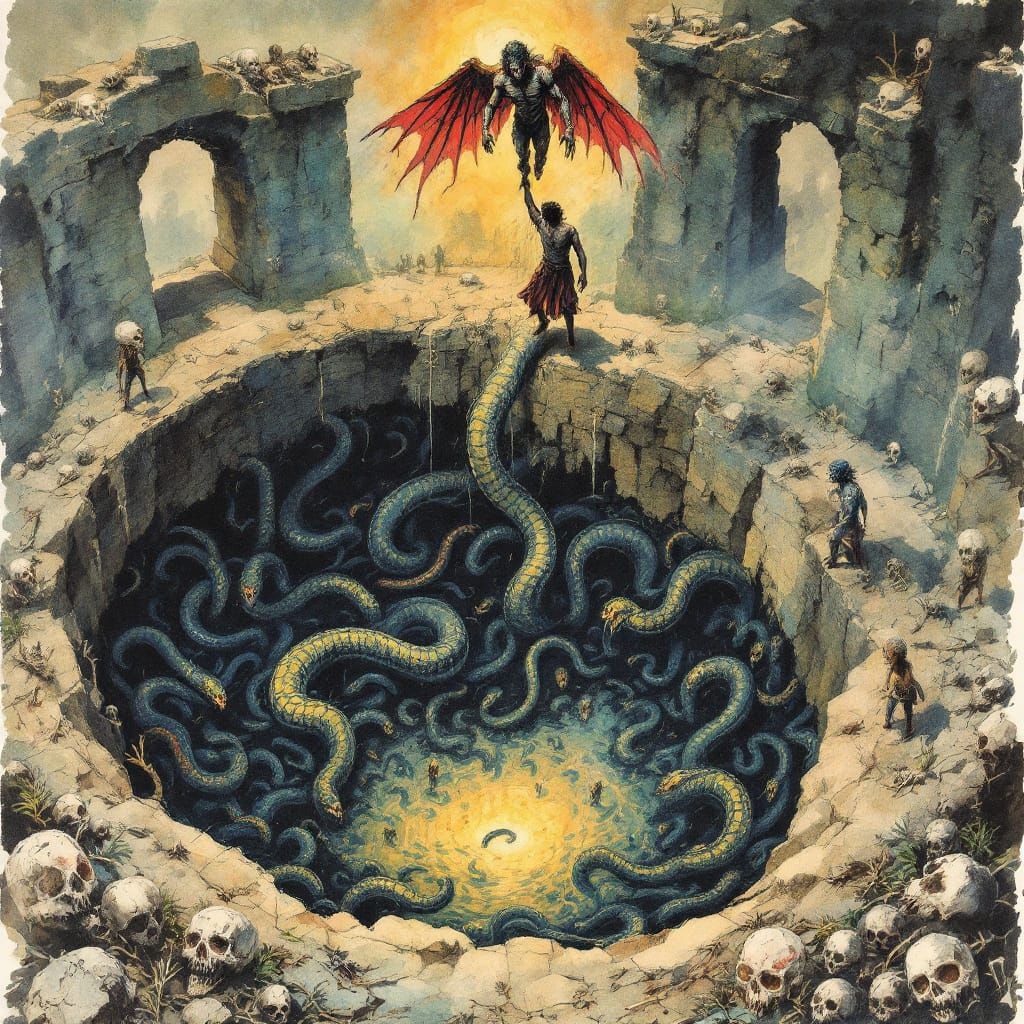 Watercolor Painting of Man in Snake Pit