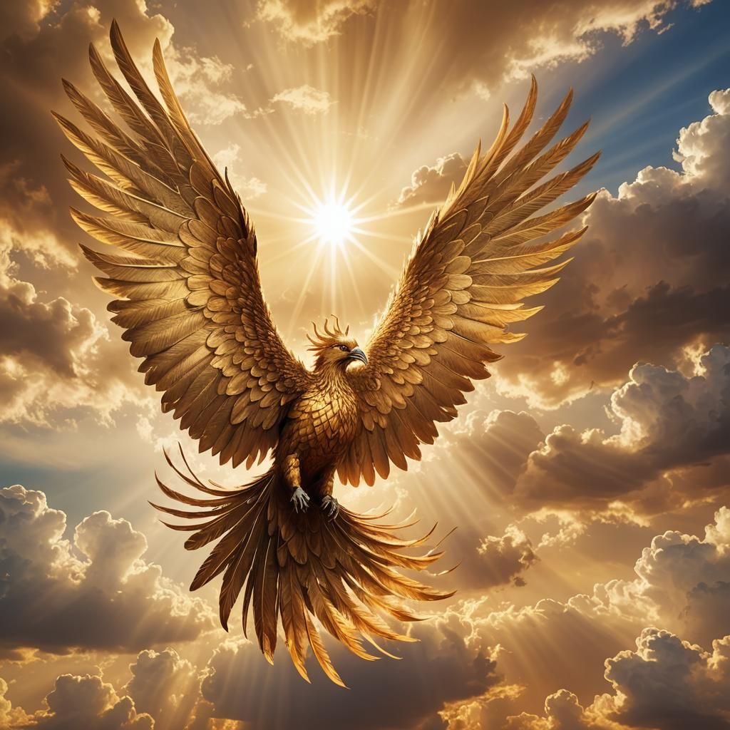 Phoenix Soaring in Golden Sky: Divine Radiance