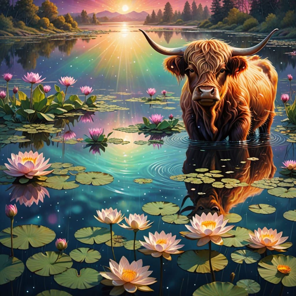 Baby highland cow wading in a lotus pond