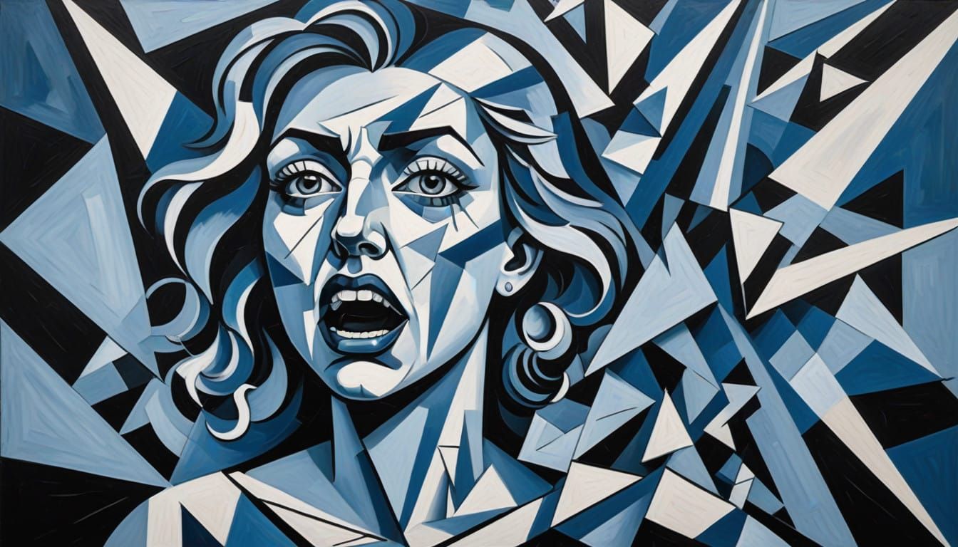 Cubist Portrait in Monochromatic Blues and Grays