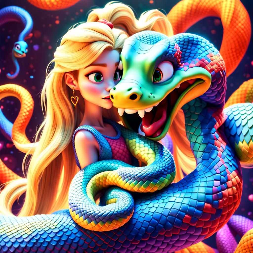 Flirty Snake with Blonde Hair in Pixar Style