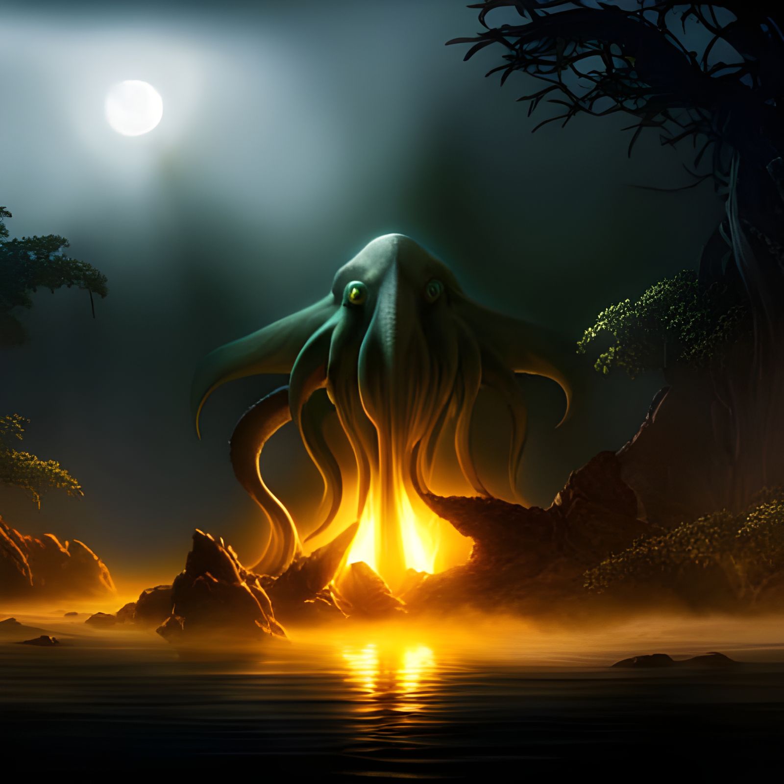 Cthulhu Rises from Foggy Lake in Ethereal Light