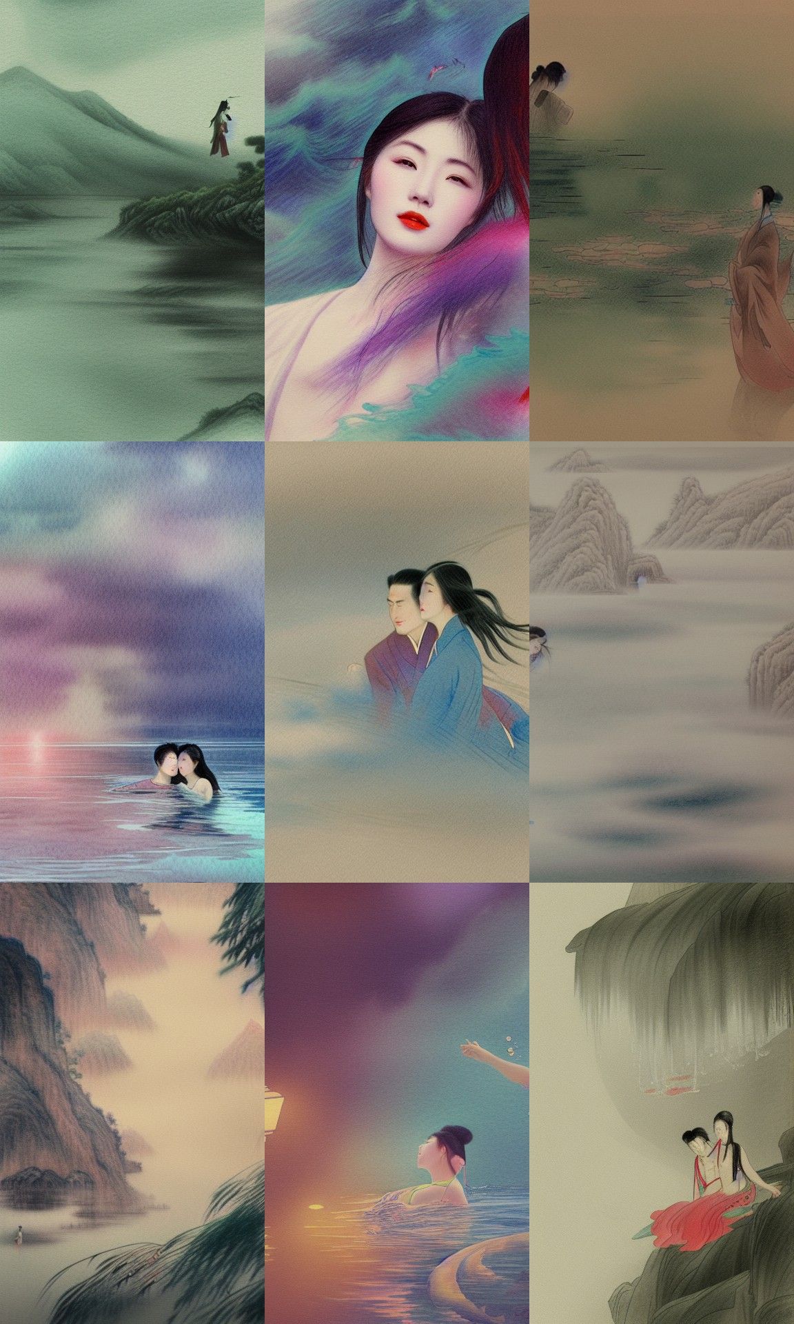 Romantic Chinese Couple Swimming: Hyperrealistic Watercolor ...