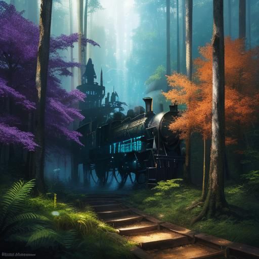 Mystical Train Journey Through Enchanted Forest