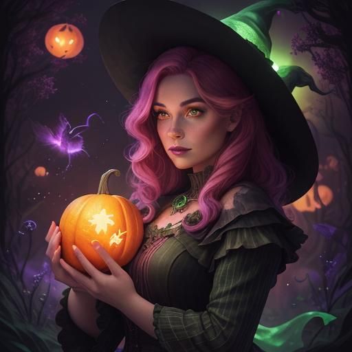 Whimsical Witch Casting Spells in Retro Style