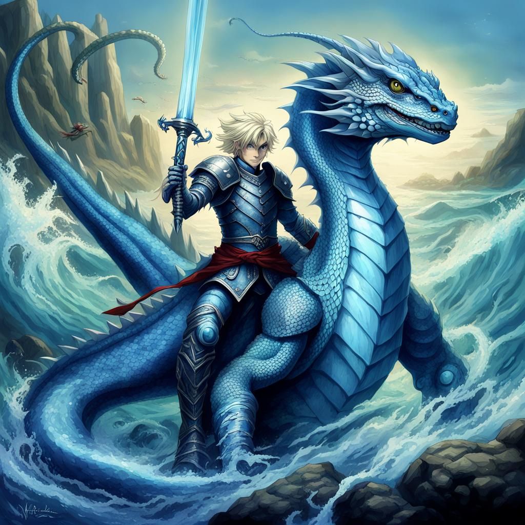 Blue Water Dragon Battles Armored Knight: Anime Style