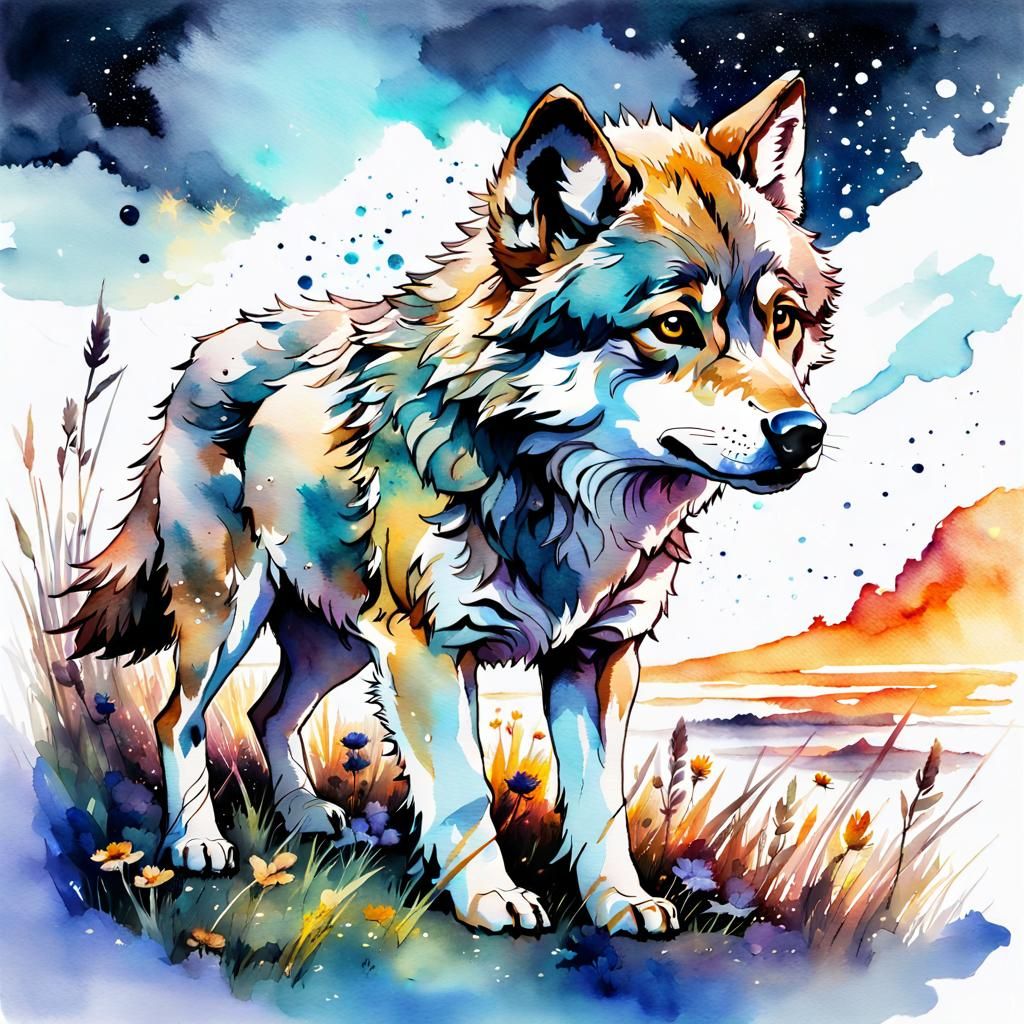 Cute Chibi Wolf in Sci-Fi Meadow