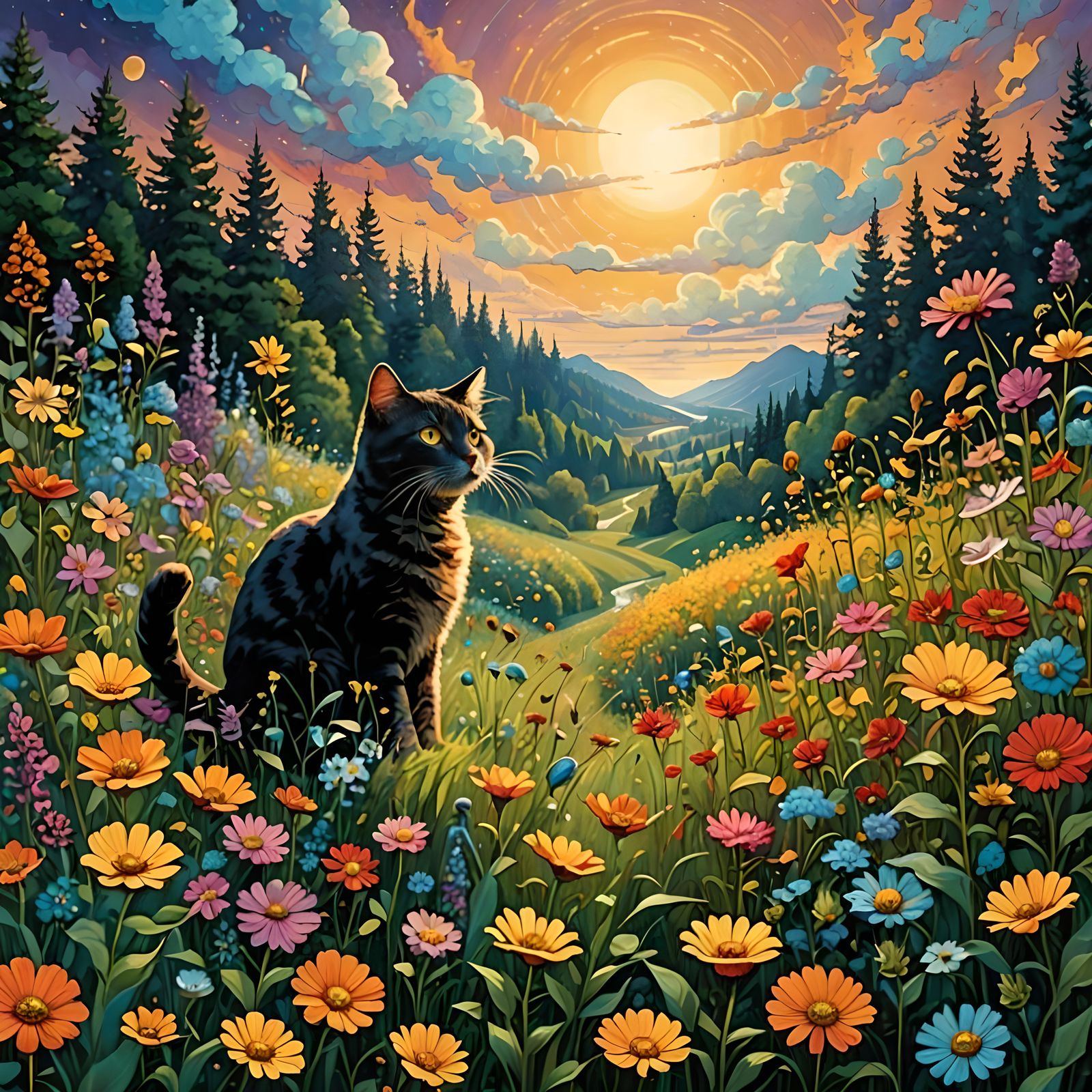 Cat Playing in Mystical Meadow: Art Nouveau Style