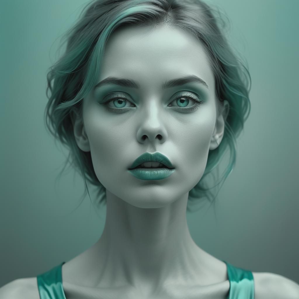 Minimalist Woman Portrait in Mint and Teal Color Pop
