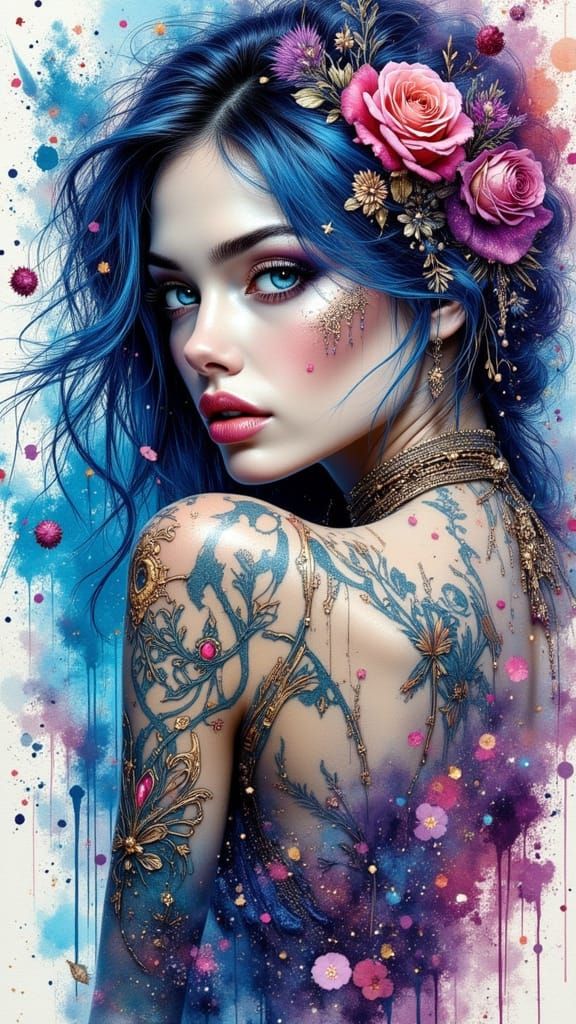 Boho-Gothic Woman Emerging from Oil Paint