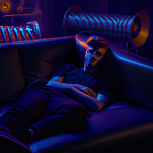 Neon Surrealism in Dimly Lit Music Studio