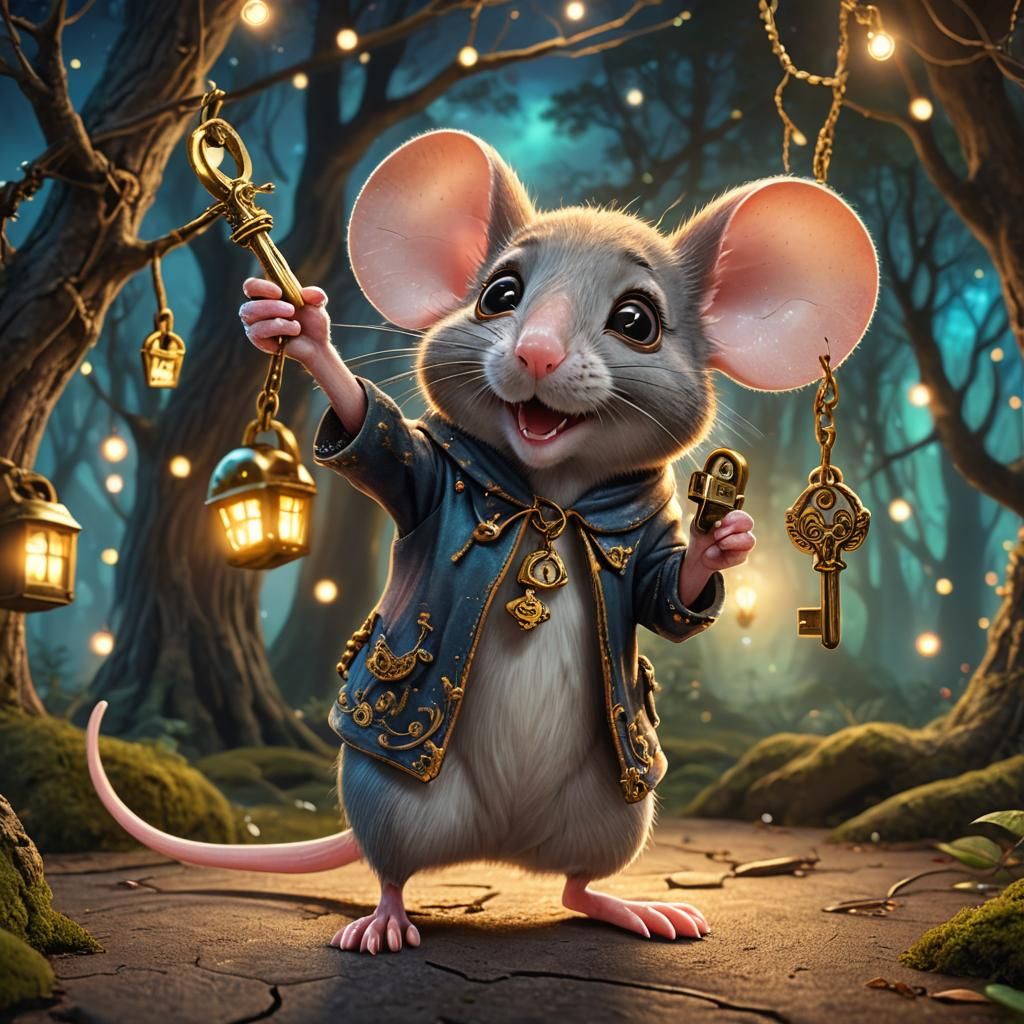 Magical Mouse with Key in Mystical Forest: CGI Art