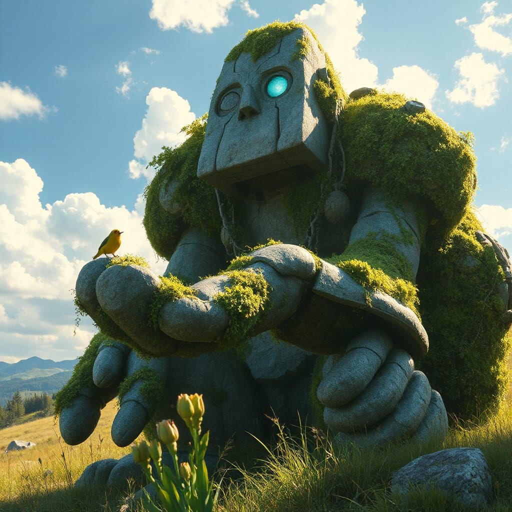 Moss-Covered Stone Golem with Singing Canary