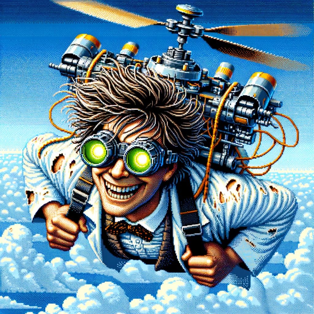 Eccentric Scientist Soaring with Backpack Helicopter in Pixe...