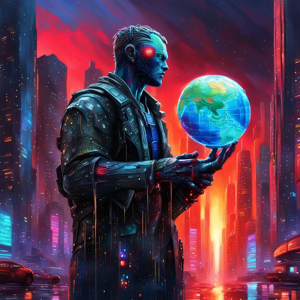Cyberpunk Atlas Statue with Glowing Globe