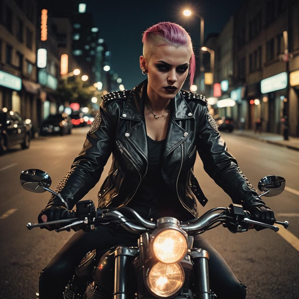 Vampiric Emo Woman Rides Motorcycle at Night
