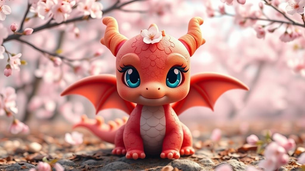 Kawaii Chibi Dragon in Sakura Forest