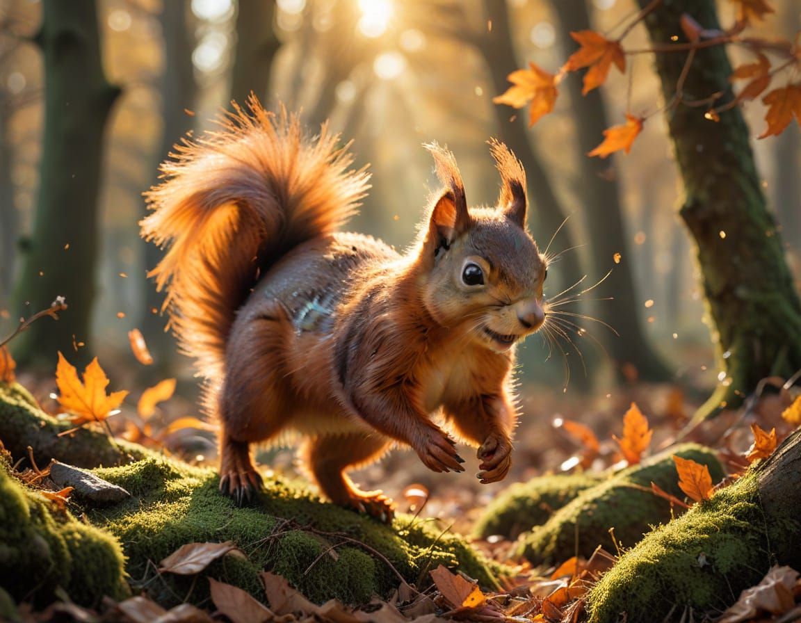 Red Squirrel Leaping in Autumn, Watercolor Style