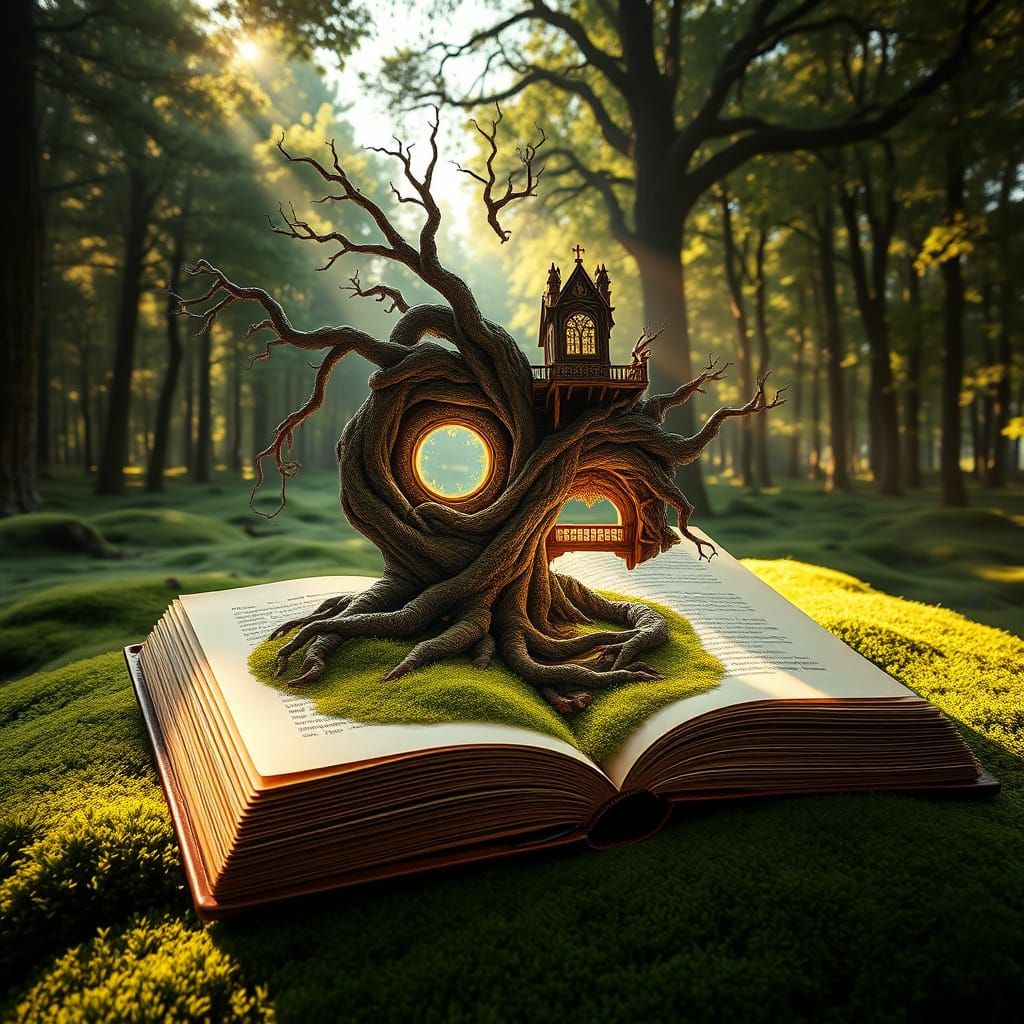 Surreal Scene of Book and Tree in Forest Clearing