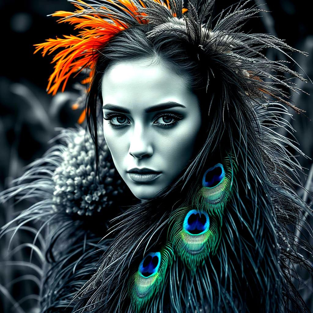 A Woman in Vibrant Peacock Feathers, Set Against a Black and...