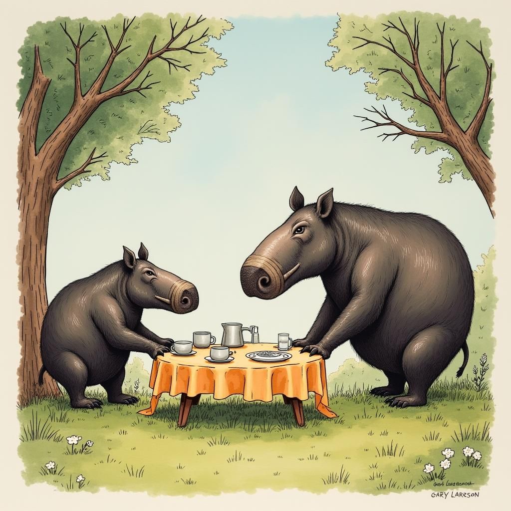 Tapirs' Tea Time in Cartoon Style