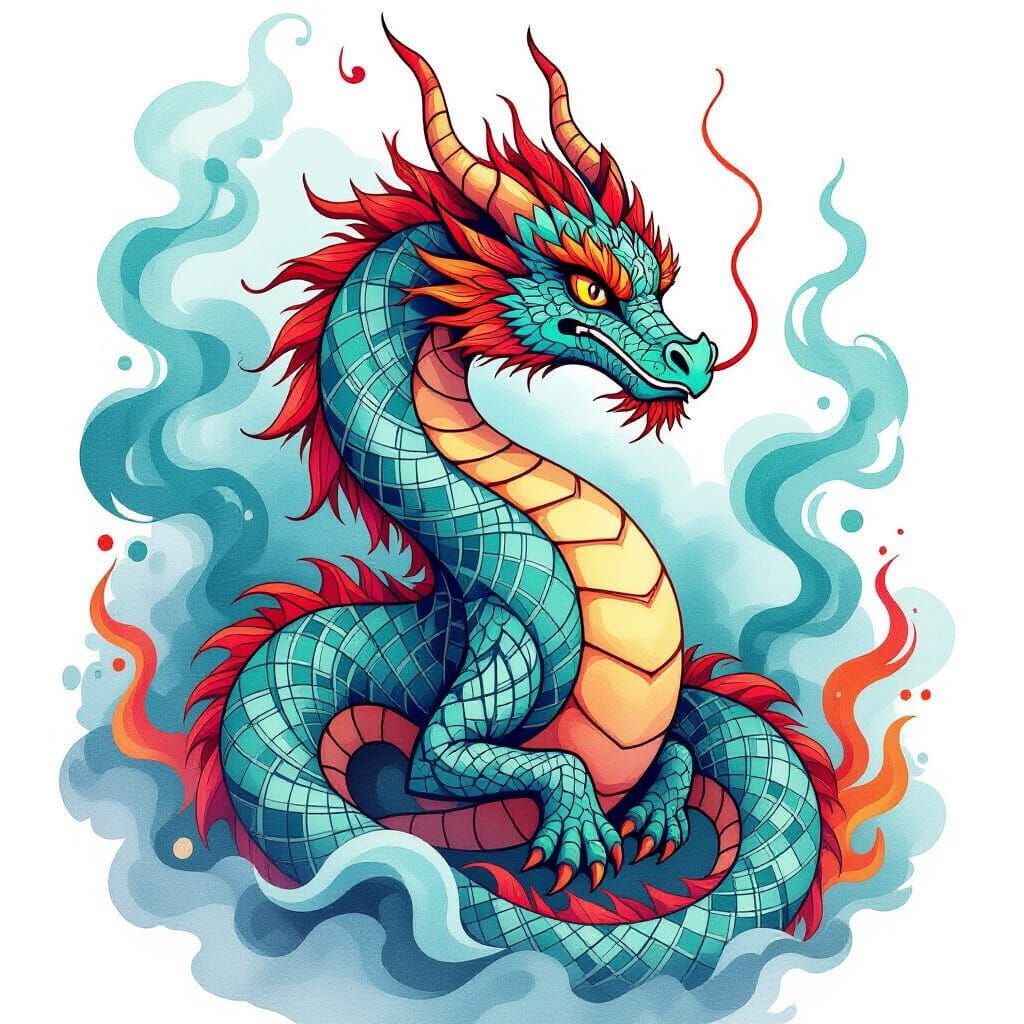 Mystical Zentangle Dragon with Teal & Crimson Swirling Smoke