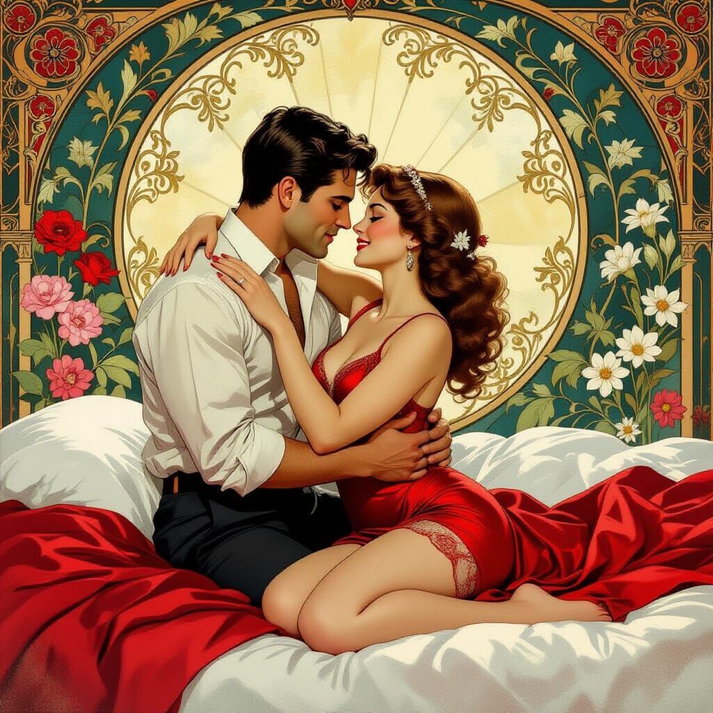Passionate Embrace in Art Nouveau Style