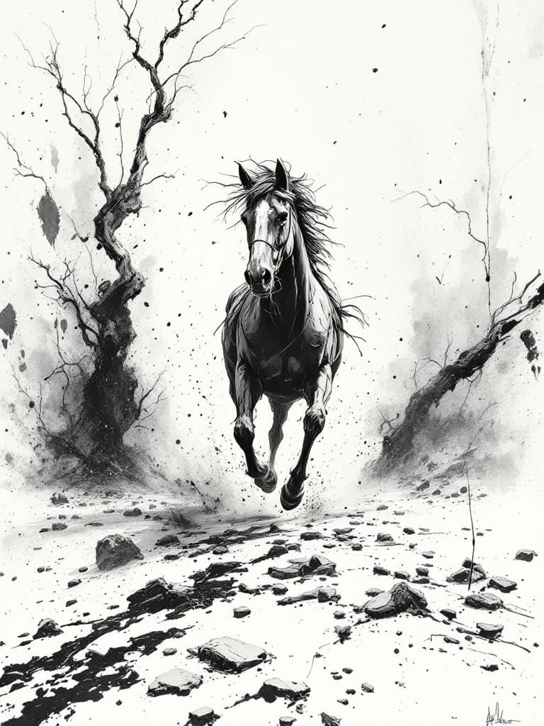 Post-Apocalyptic Horse in Monochromatic Ink Style