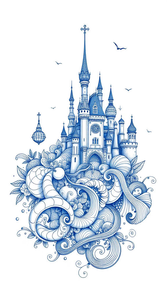 Fantasy Kingdom Doodle in Blue Ink