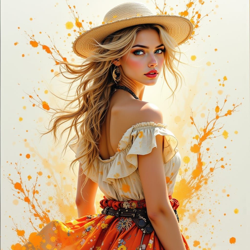 Traveller Woman in Tattered Dress, Splash Art