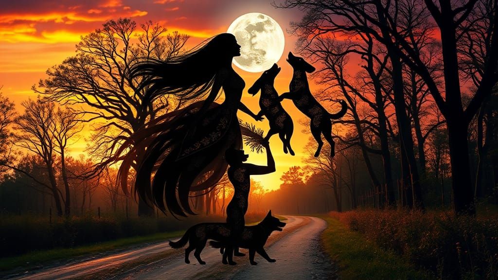 Woman's Magical Flight with Dogs in Enchanted Forest