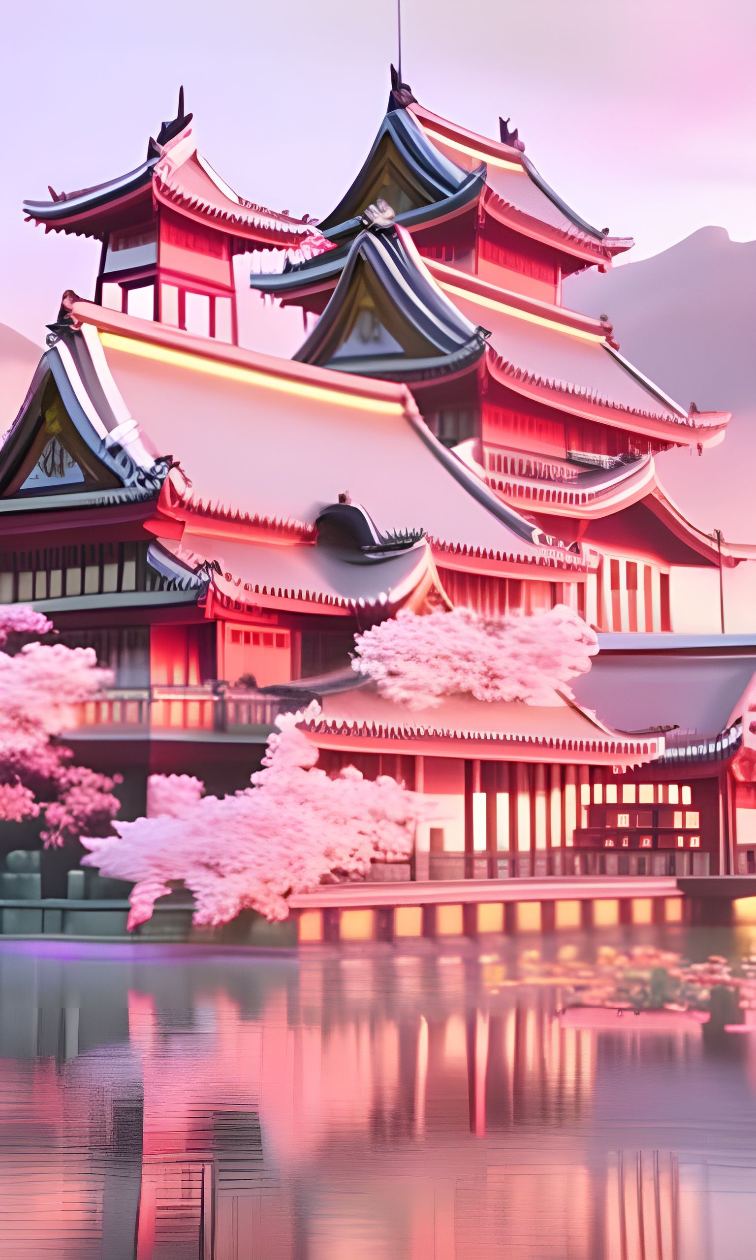 Detailed Asian Castle with Cherry Blossoms