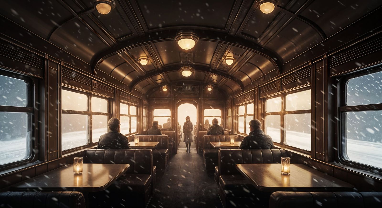 Luxurious Art-Deco Train Interior in a Blizzard