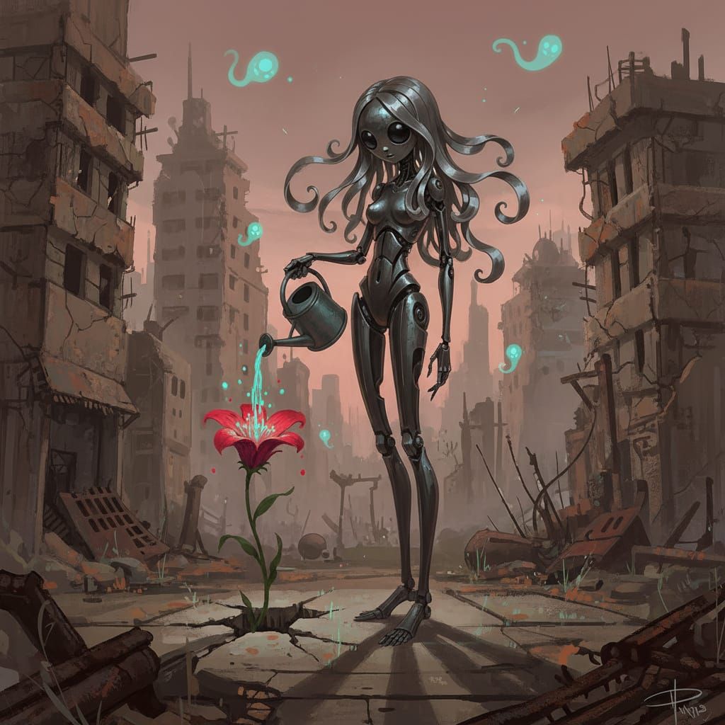Cyborg Woman Waters Flower in Post-Apocalyptic City
