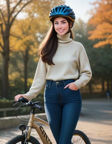 Brunette with Bike in Autumn Park: 3D Render