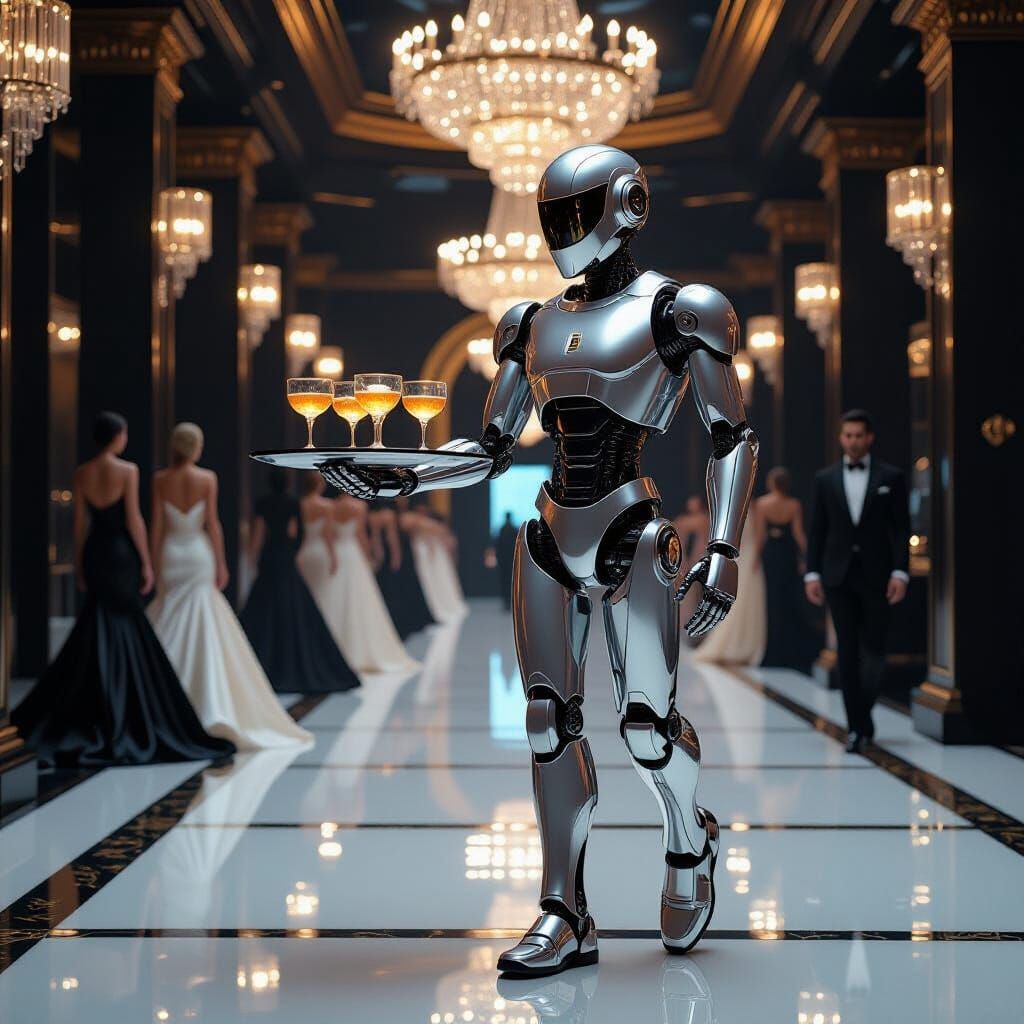 Robot Gliding Through Futuristic Hall in Biomechanical Style