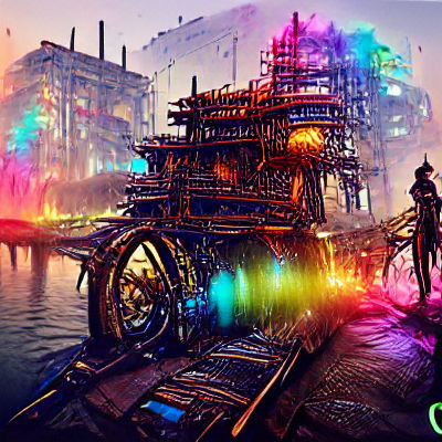 Colorful Steampunk Artwork with Neon Lights in 3D