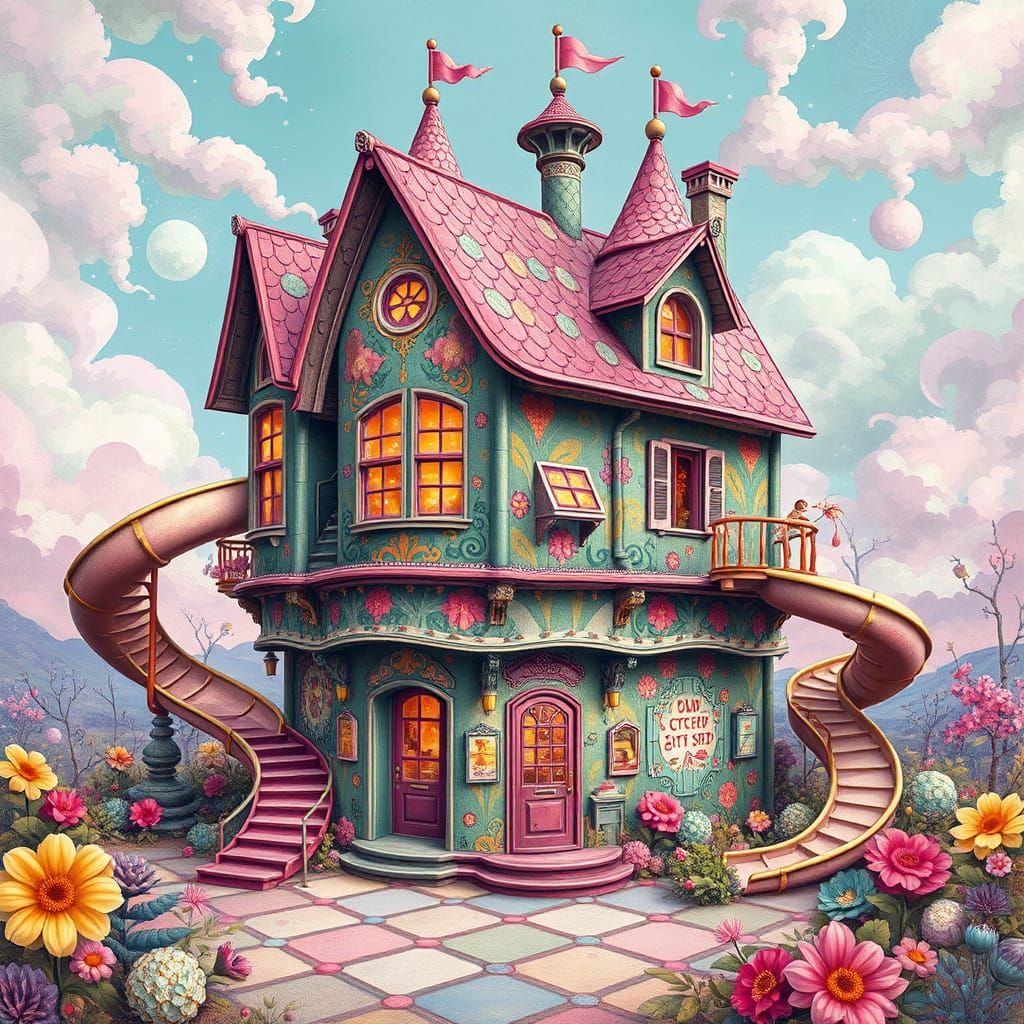 Whimsical Fun House with Slides and Turrets