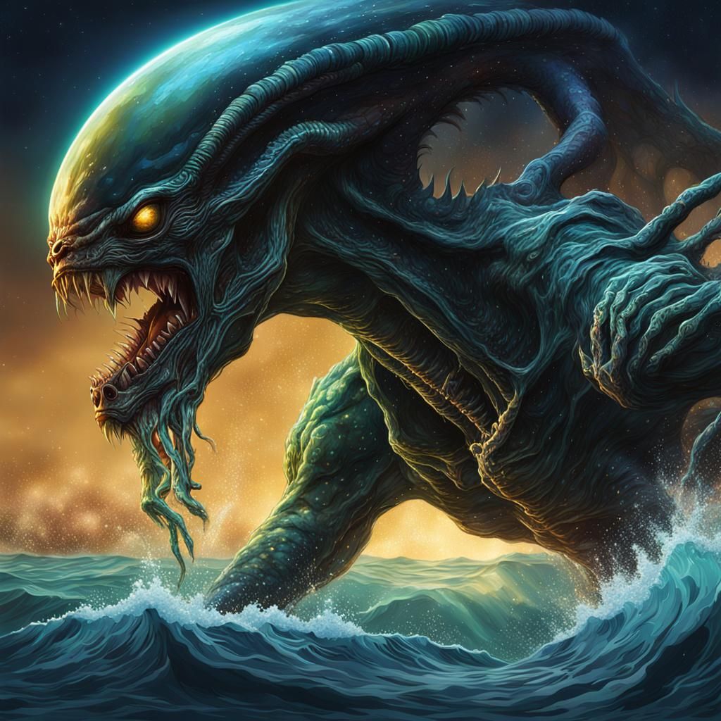 Hyperrealistic Alien Breaching Sea on Starry Night