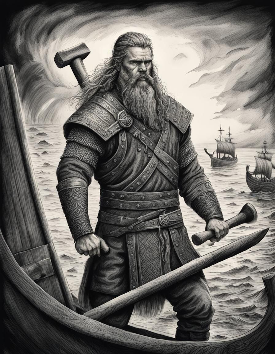 Viking Crafts Longship: Hyperdetailed Charcoal Drawing