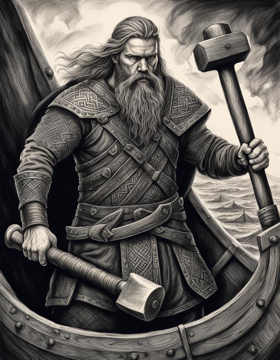 Viking Longship Construction: Detailed Charcoal Drawing