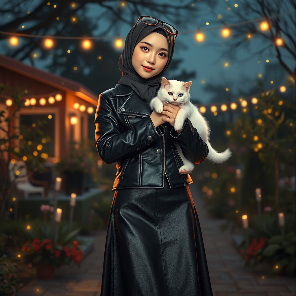 Korean Girl with Cat in Romantic Garden: Digital Matte Paint...