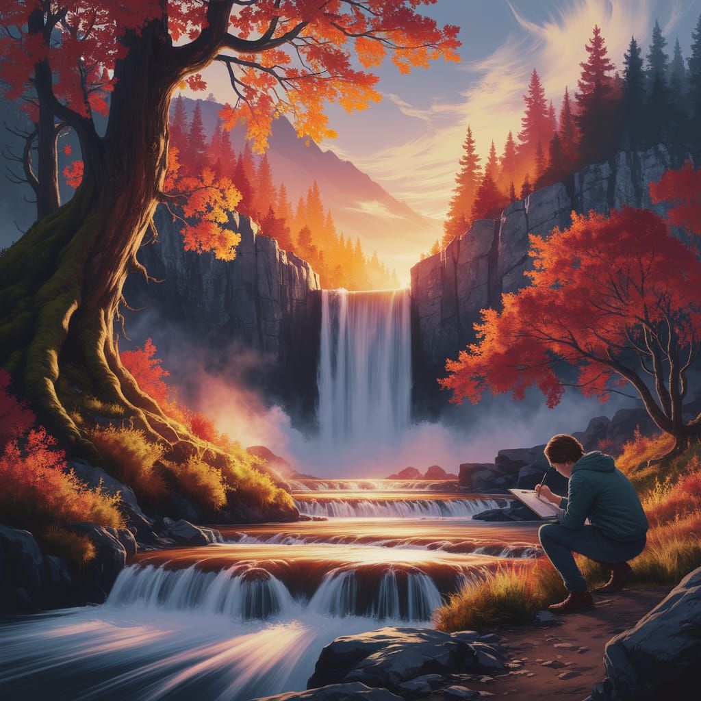 Traveler Sketches Mountain Waterfall Amidst Glowing Autumn F...